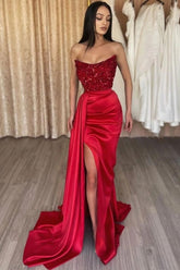 Stunning Long Crimson Sequined Mermaid Satin Strapless Prom Gown Featuring a Slit